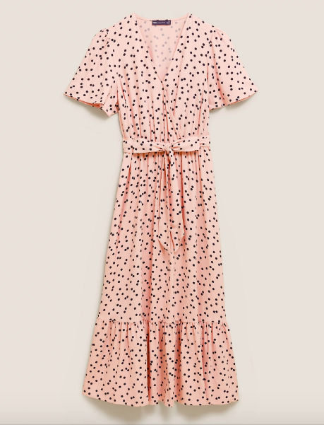 Polka Dot Angel Sleeve Midi Wrap Dress