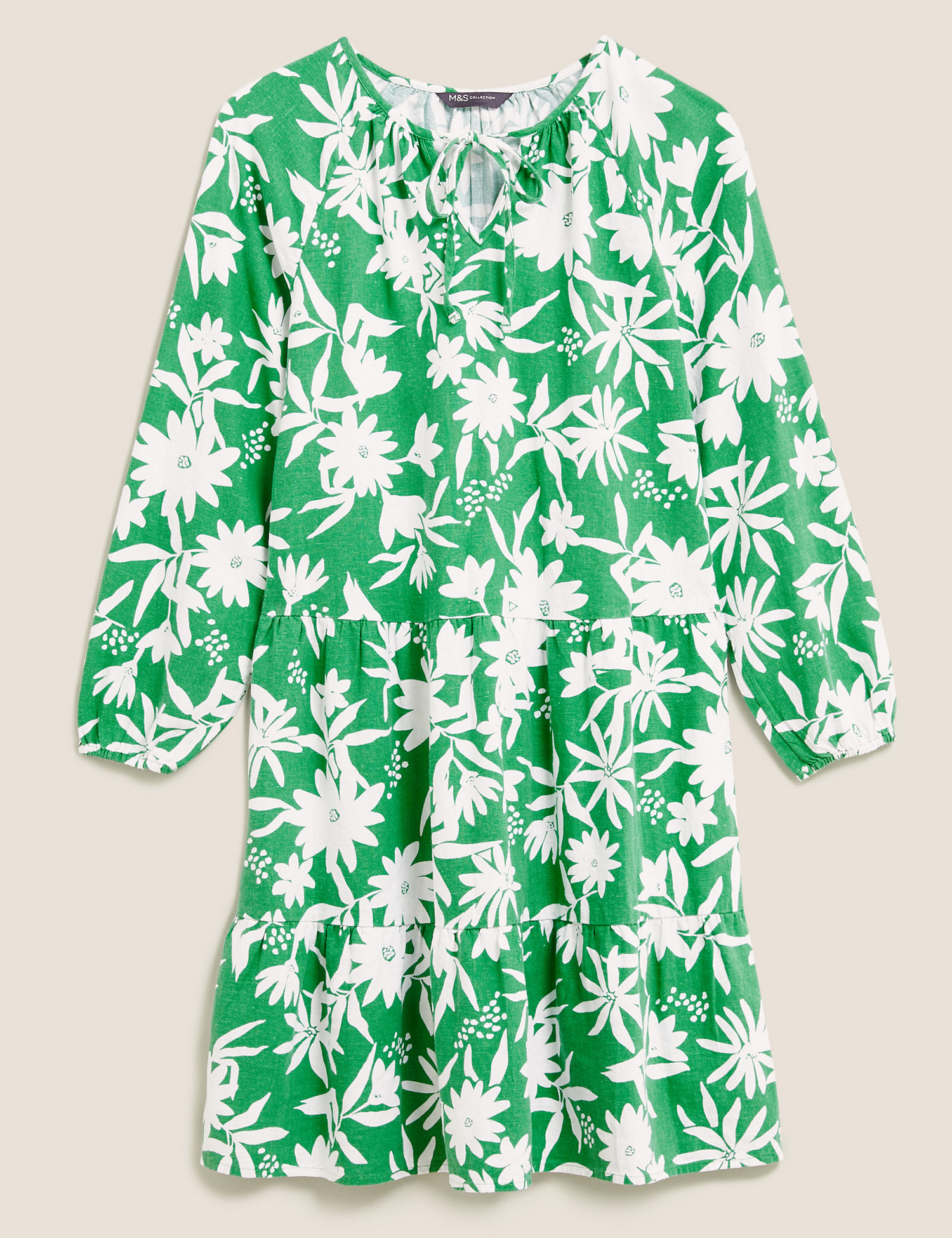Linen Floral Tie Neck Mini Swing Dress
