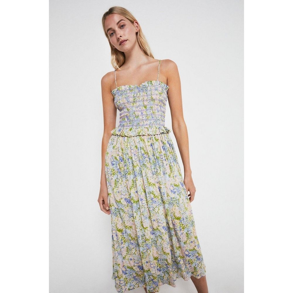 Floral Tie Shoulder Smocked Midi Dress