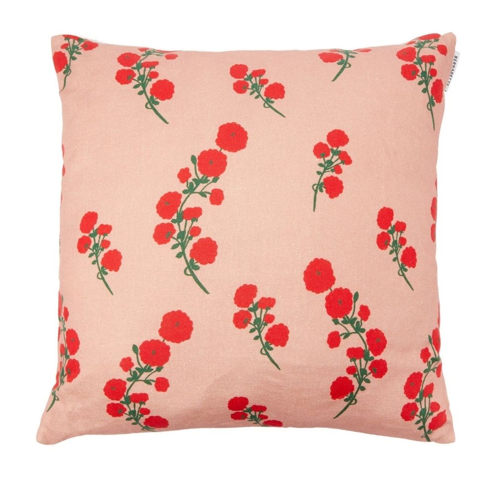 Red Blossom Floral-Print Linen Cushion