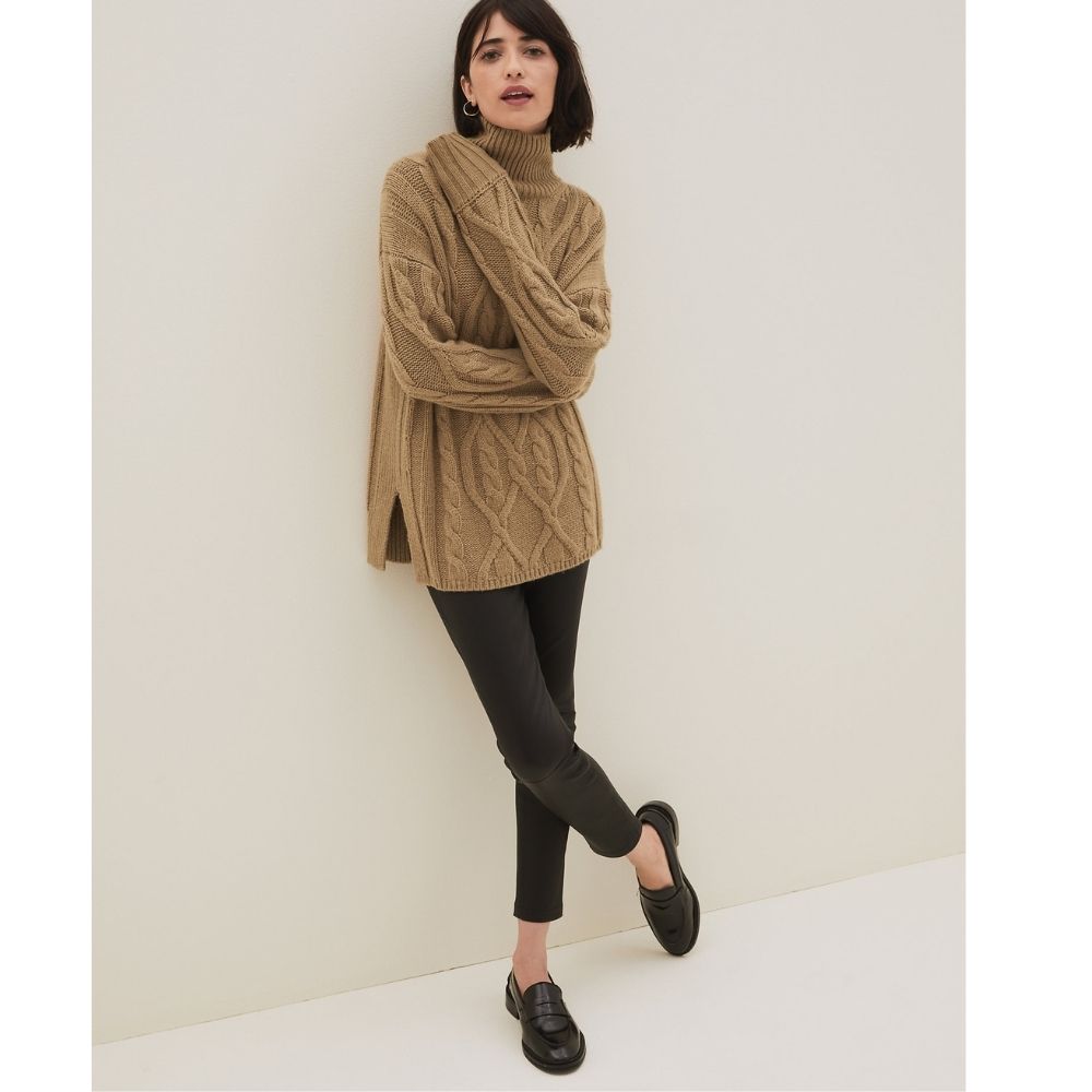 Wool Cable Knit Funnel Neck Longline Jumper