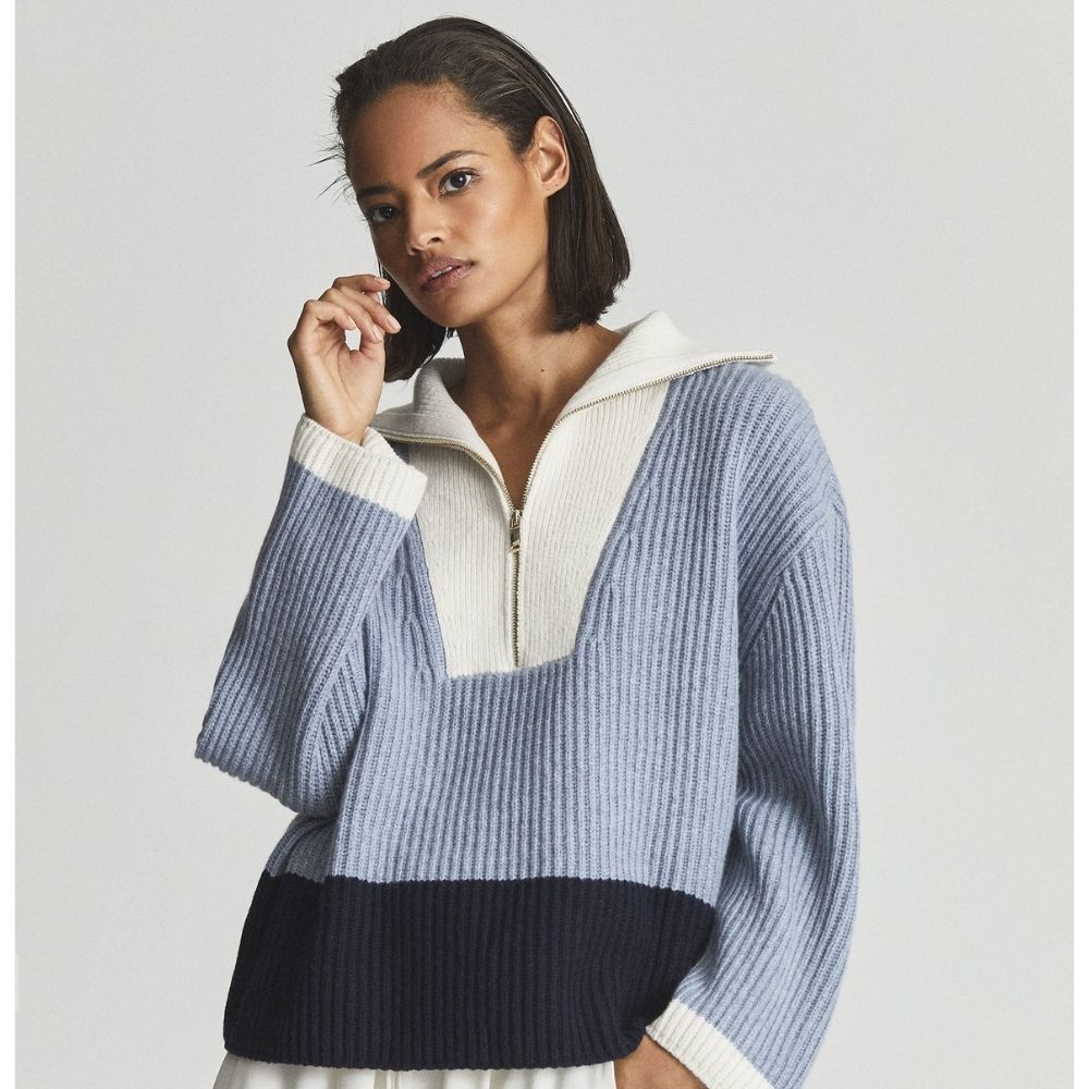 Jackie Blue Colour Block Ribbed Jumper