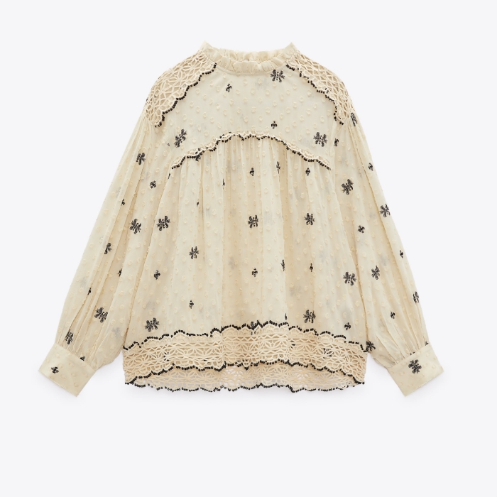 Dotted Mesh Blouse With Lace