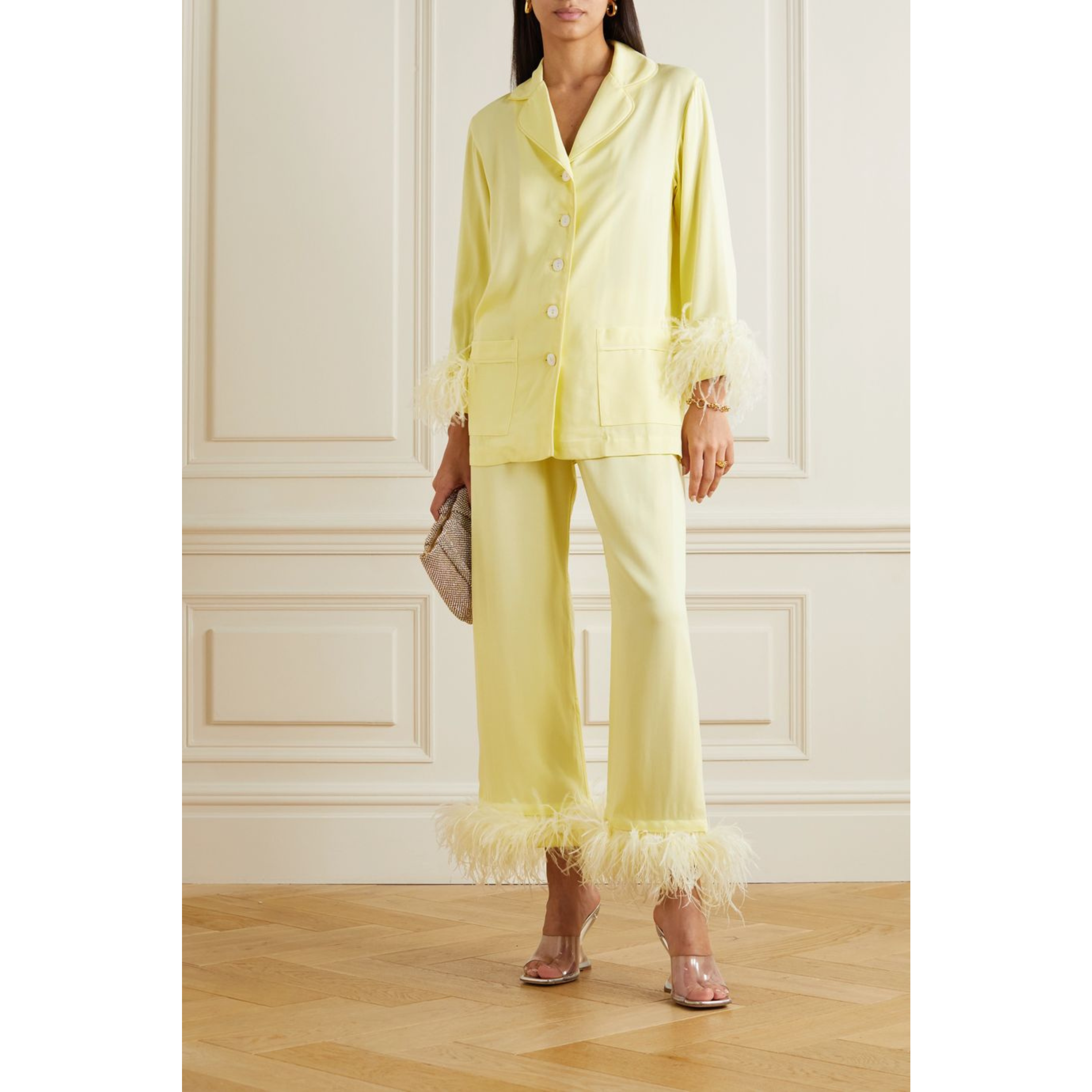 Feather-Trimmed Crepe De Chine Pajama Set