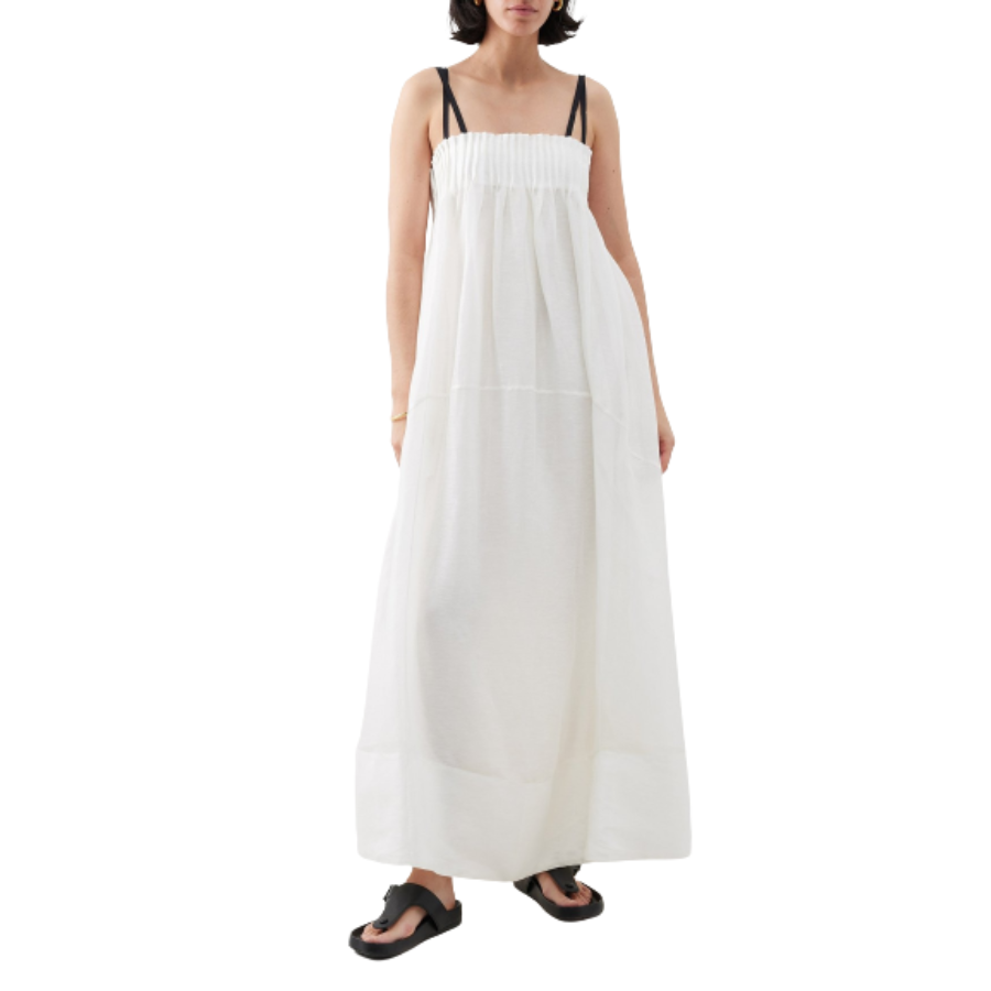 Lee Mathews – White Lillian Smocked Linen-Blend Maxi Dress