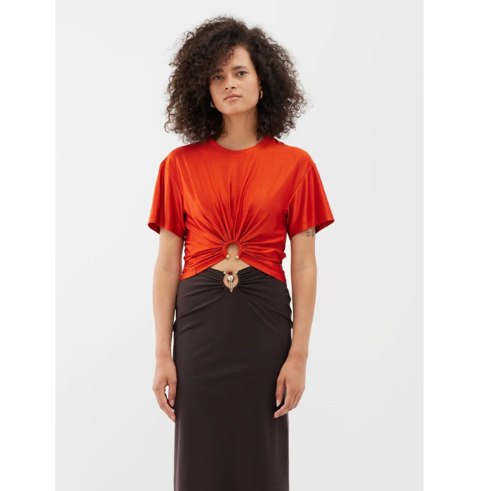 PACO RABANNE – Ring Hardware Ruched Cropped T-Shirt