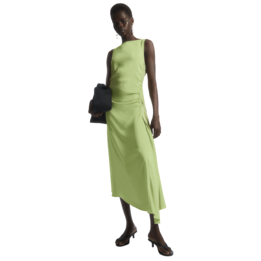 COS – Asymmetric Gathered Satin Midi Dress