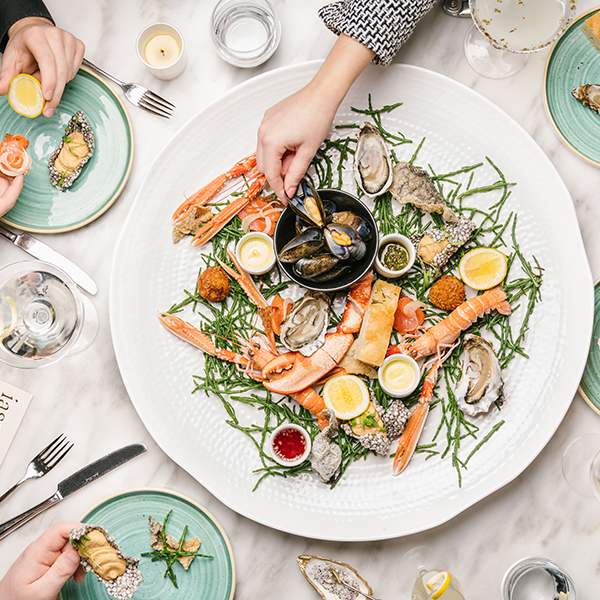 table with seafood dishes from above