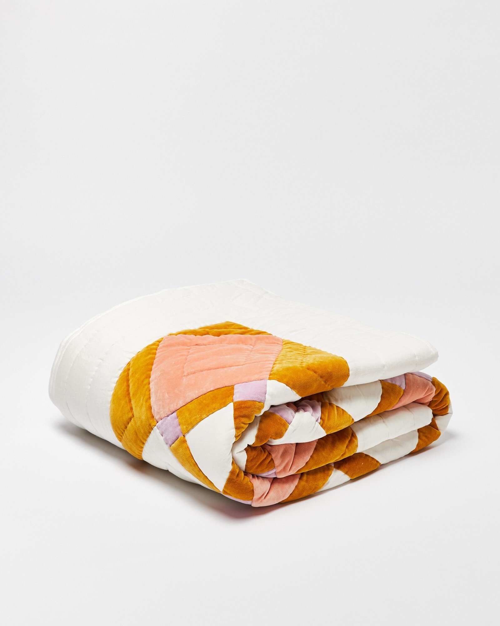 Elio Pink & Yellow Patchwork Velvet Bedspread