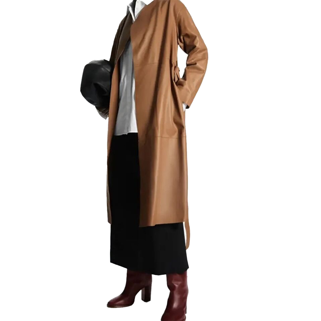 Brown Leather Oversized Collarless Coat