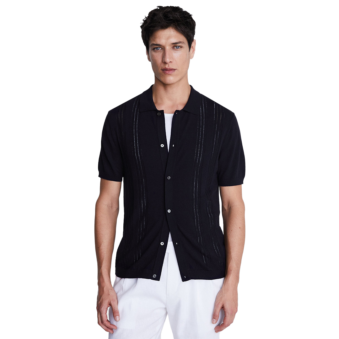 Navy Bouclé Knitted Shirt