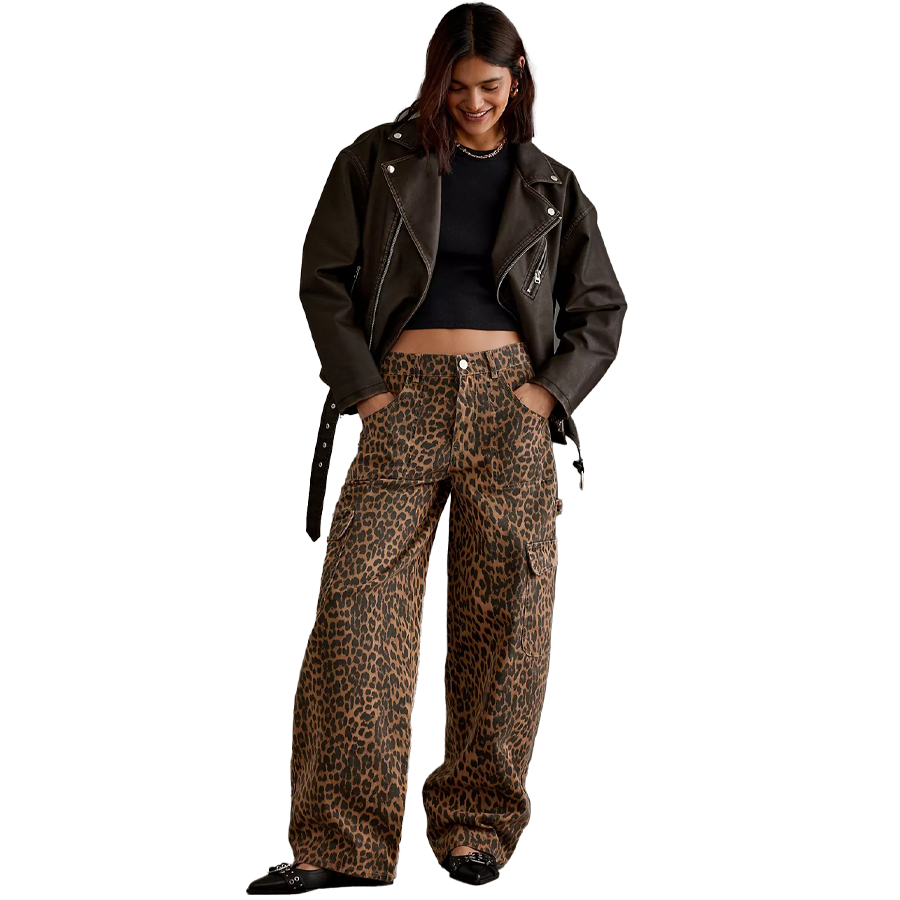 Leopard Wide-Leg Cargo Jeans