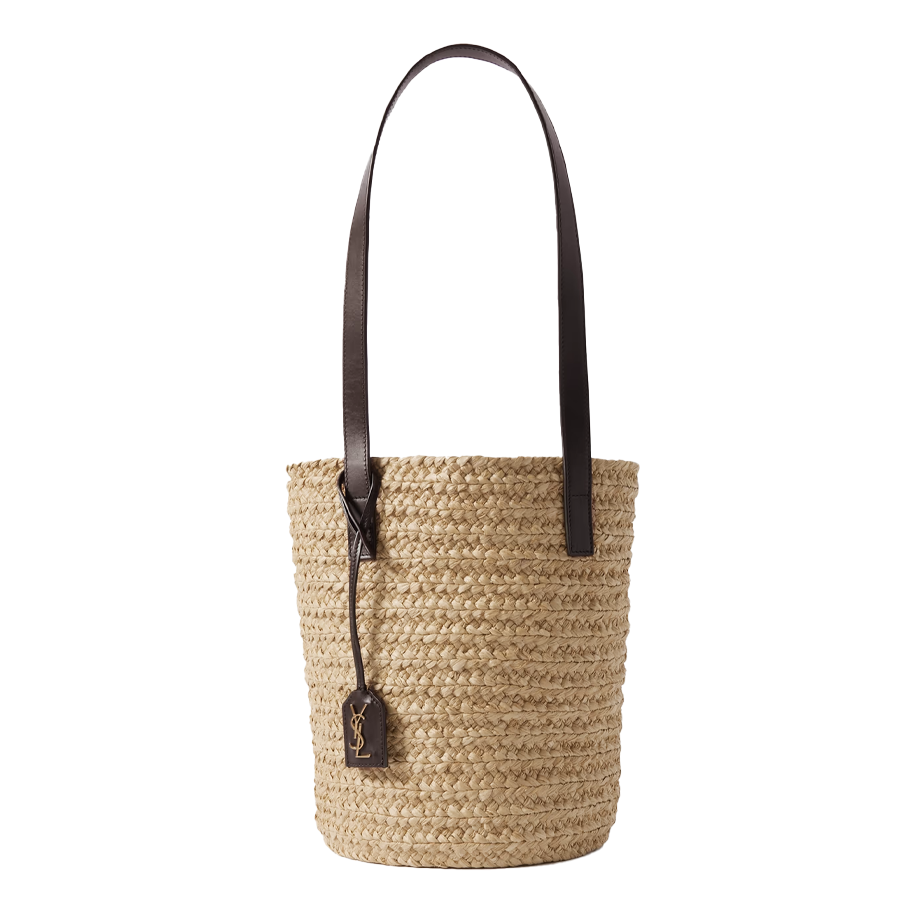 Panier Leather Trimmed Raffia Bag Bucket Tote Beige Cream