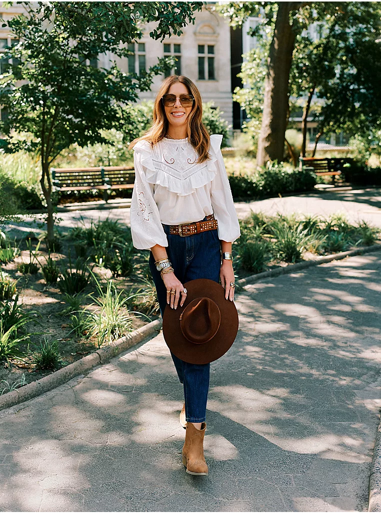 kat farmer for george in white top and jeans 