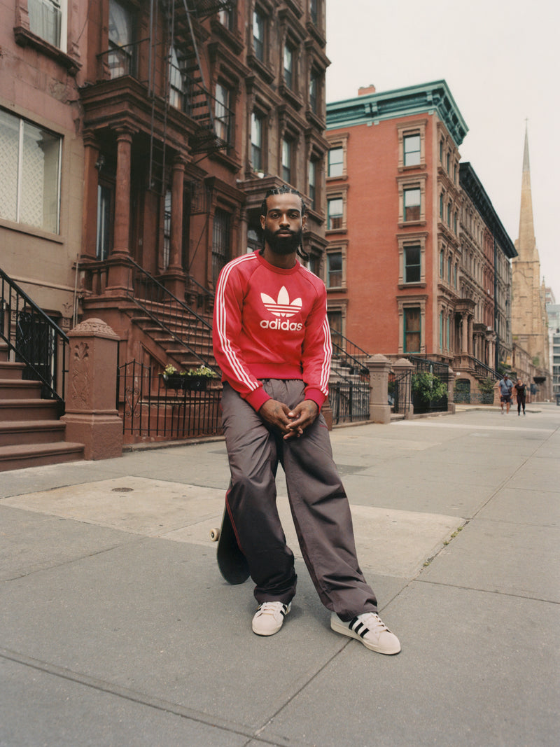 male model wearing wales bonner x adidas rd top 