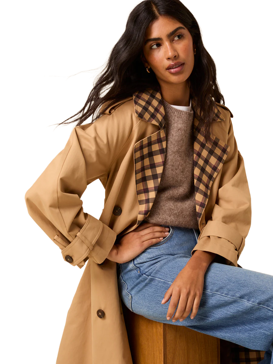 Camel Check Trim Trench Coat