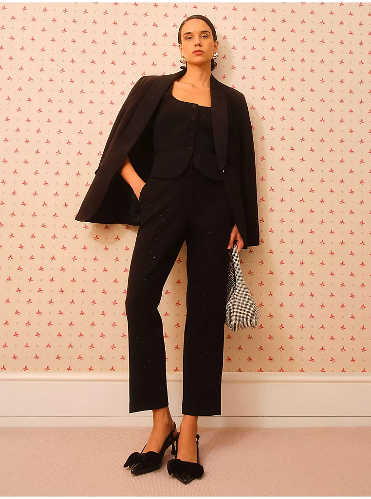 model wearing Black Rhinestone Embellished Suit Outfit