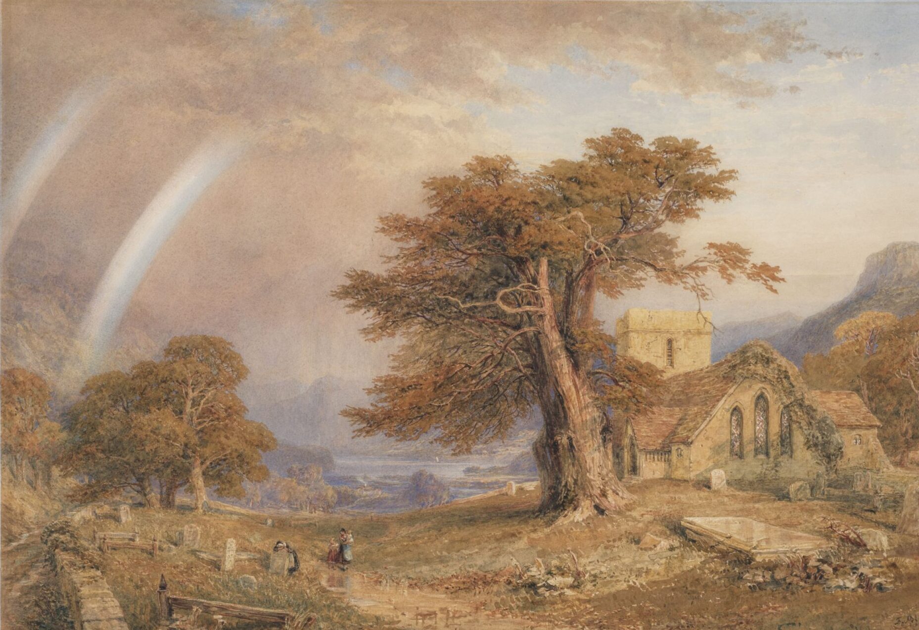 A serene countryside scene featured in our weekend guide: a large tree stands by an old stone church, gravestones scattered around, people walking, and two rainbows arching above distant hills beneath a cloudy sky.