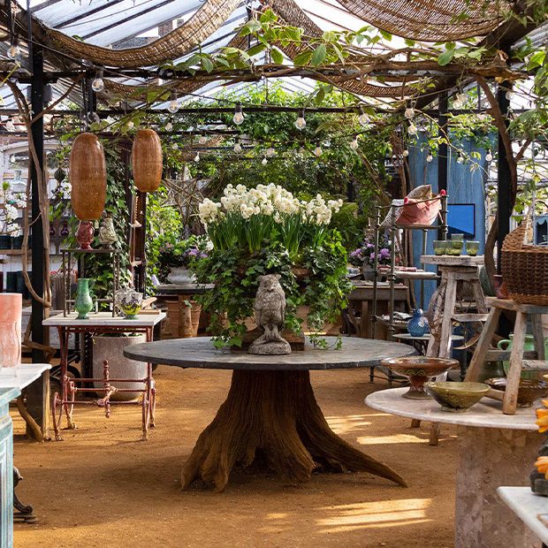 A rustic glasshouse filled with plants, pottery, and garden decor—a perfect spot for relaxing London activities. A round table with a tree trunk base holds white flowers and a stone owl statue, whilst sunlight filters through the glass roof.