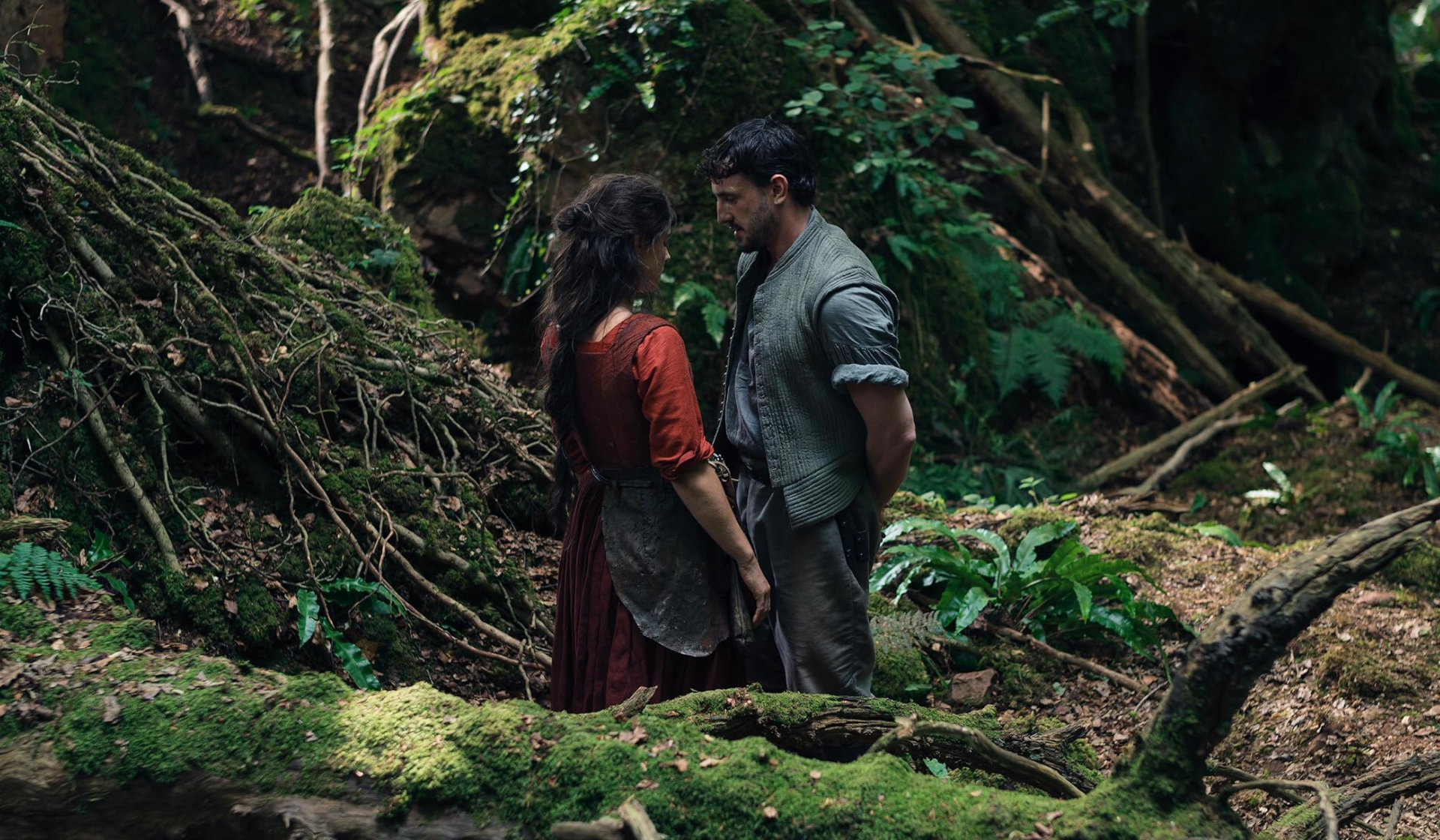 Jessie Buckley and Paul Mescal stand facing each other in a dense, moss-covered forest. The woman wears a red dress and apron; the man a grey shirt and waistcoat. Sunlight filters through the trees and roots surround them, evoking scenes from a Hamnet review.