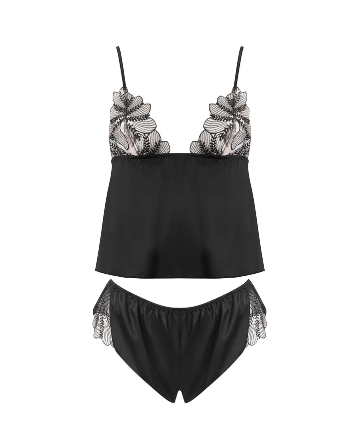 Sadiya Satin Sheer Cami and Short Set Black