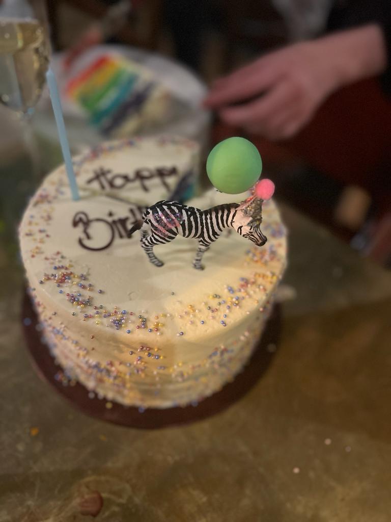 A white iced birthday cake with colourful sprinkles, topped with a plastic zebra figurine holding green and pink balloons. In the background, a hand appears near a rainbow-coloured object and a Kenton Arms sign peeks into view.