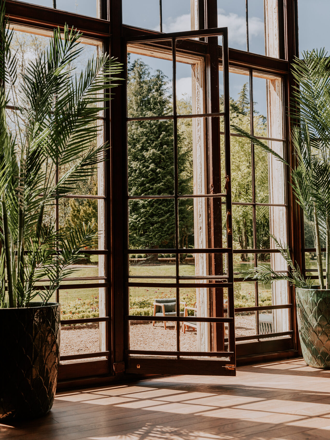 windows looking out to the gardens at mar hall 