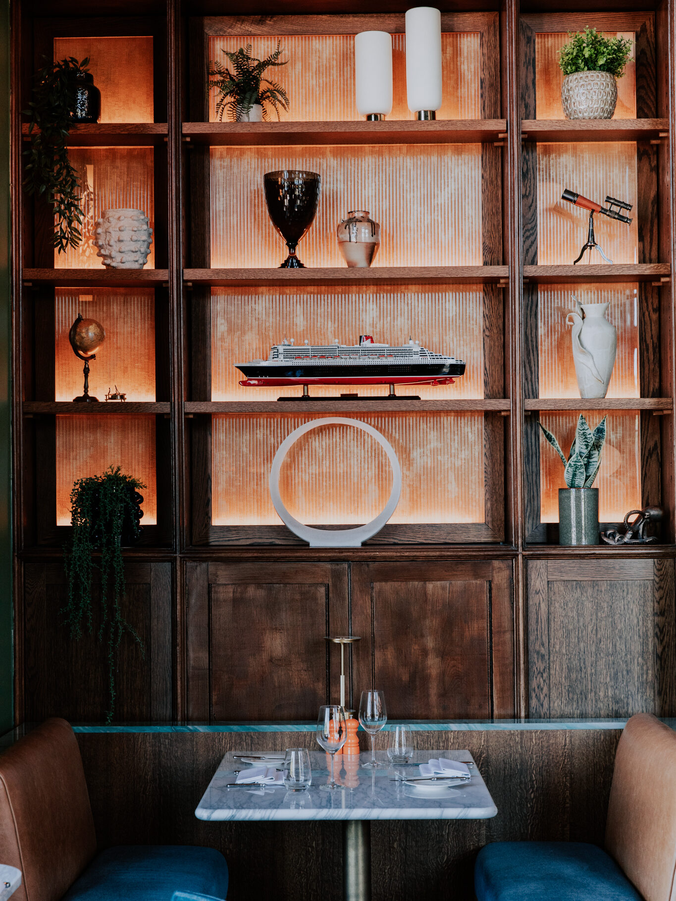 dining room booth and shelves at The Dining Room restaurant, Mar Hall, Scotland 
