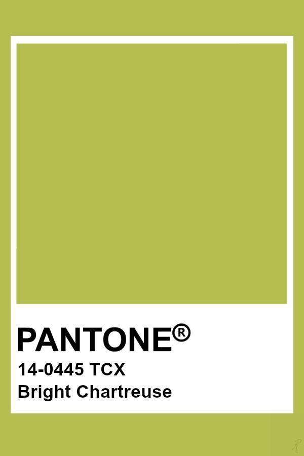 Pantone colour swatch labelled Pantone 14-0445 TCX Bright Chartreuse, featuring a large square of bright yellow-green shade above white text on a white background—perfect for capturing the chartreuse colour trend.